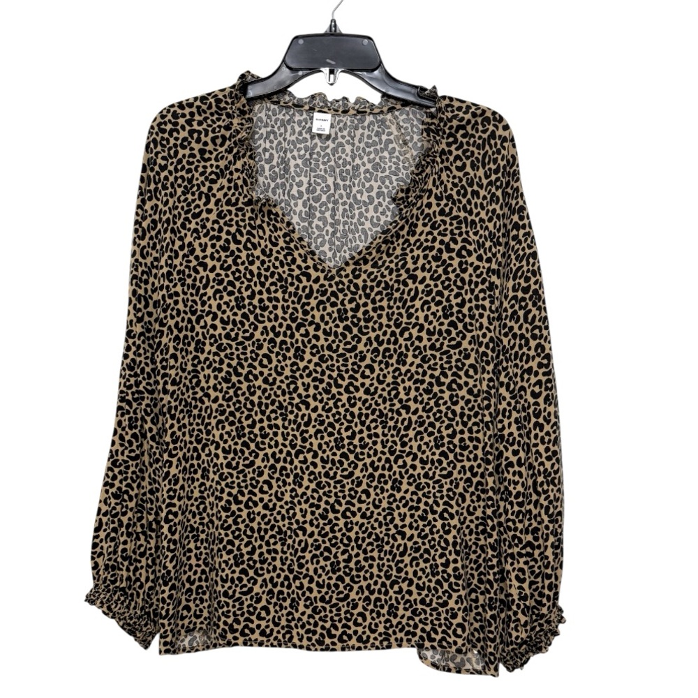 Old Navy Animal Printed Ruffle Split-Neck Blouse Tan and Black Size Large